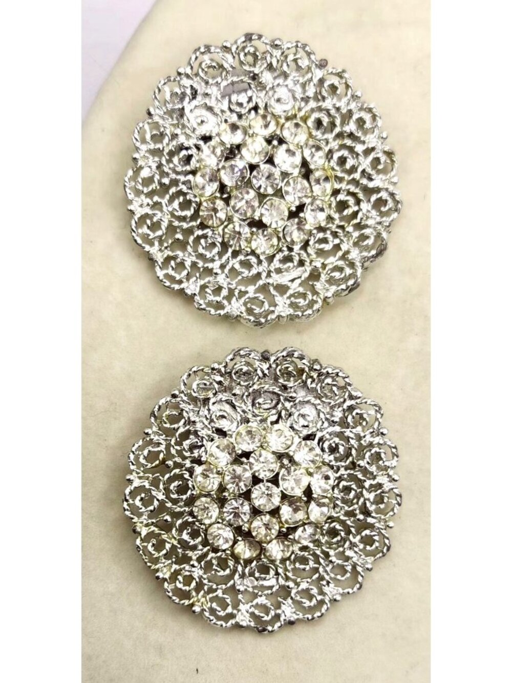 Large Silver Tone & Rhinestone Vintage Dress Clips - Filigree Design